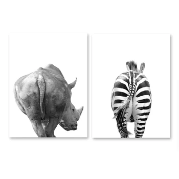 Siyah Beyaz Hayvanlar Popo Tuval Boyama Fil Zürafa Zebra Posteri ve Baskılar Duvar Sanatı Resimleri Kreş Banyo Dekor