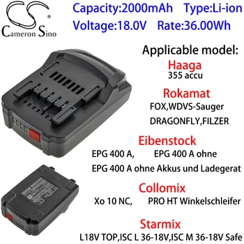 Cameron Çin Lityum Pil için elektrikli aletler 2000 mAh 18.0 V için Eibenstock, EPG 400 Bir Ohne, EPG 400 Bir Ohne Akkus Und Ladegerat