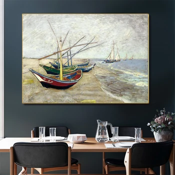 Van Gogh Balıkçı Tekneleri Plaj Tuval Boyama Deniz Manzarası Posteri ve Baskı Duvar sanat resmi Oturma Odası Ev Dekor için Cuadro