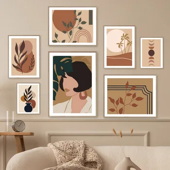 Boho Soyut Kadın Yapraklar Bitki Plaj Manzara Minimalizm Posterler Ve Baskılar Galeri duvar sanatı tuval yağlıboya Oturma Odası Dekor