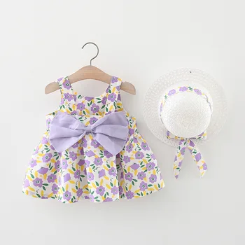 Iki parçalı Kız Giysileri Yaz Kolsuz Elbise + Şapka Yürümeye Başlayan Kostüm Pamuk Sevimli Yay Çiçek Etek Bebek Giyim kız elbiseleri