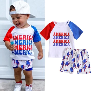FOCUSNORM Bağımsızlık Günü Bebek Erkek Giysileri Setleri 2 adet Mektup Baskı Renk Patchwork Kısa Kollu T-Shirt Şort 0-24M
