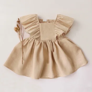Yaz Bebek Kız Elbise Vintage Keten Pamuk Toddler Kız Elbise 0-4Y Çocuklar İçin Elbise