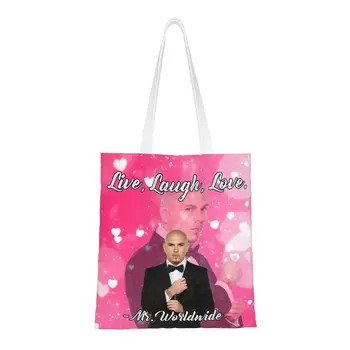 Özel Mr Dünya Çapında Diyor Canlı Gülmek Aşk Pembe kanvas alışveriş çantası Kadın Taşınabilir Bakkaliye Pitbull alışveriş büyük el çantası Çanta