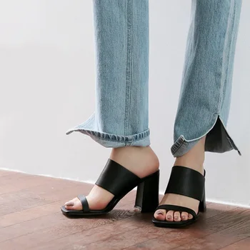 Kore Çok Yönlü Sandalet kadın Yaz Burnu açık Kalın Topuklu Giyen İnce Deri İnce Moda Siyah Yüksek Topuklu