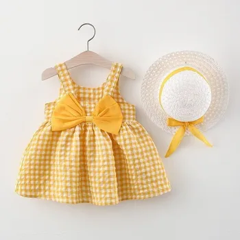 Yaz Marka Bebek Kız Prenses Elbise Yay Ekose Elbiseler Şapka 2 parça Bebek Kostüm Toddler Kolsuz Etek Çocuk Giyim 6m-3y