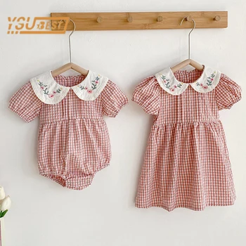 Toddler Bebek Kız Izgara Nakış Elbiseler Yaz Kız Bebek Romper Bebek Çocuk Pamuk Kısa Kollu Tek parça Romper