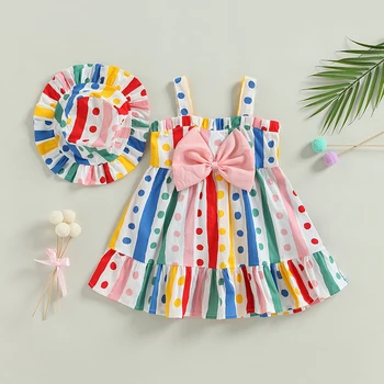 FOCUSNORM 0-24M Bebek Bebek Kız Tatlı Elbise Seti Kolsuz Renkli Çizgili Nokta Baskı İlmek evaze elbise Şapka ile