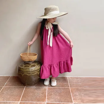 Yaz Toddler Kız Elbise Kolsuz Pamuk Çocuklar Plaj Katı Kayma es Kızlar için Moda Giyim