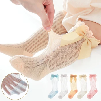Yaz Çocuklar diz üstü çorap Bebek Kız Erkek Yay Uzun Çorap Yumuşak Pamuk Örgü Nefes Çocuk Oymak Socken 0-7 yıl