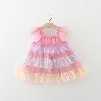 Okul öncesi Kız Giyim Yaz Kolsuz Gökkuşağı Kek Elbise Prenses Doğum Günü Elbise Kız Giyim İnce Elbise 0-4 yaşında