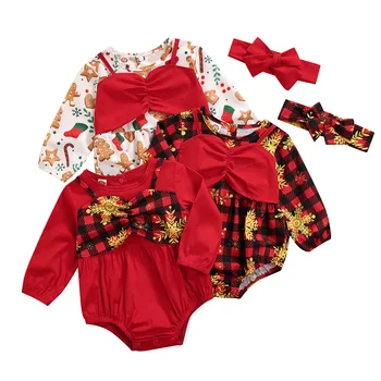 2 Adet Bebek Yılbaşı Kıyafetleri, Bebek Kız Baskılı Uzun Kollu Yuvarlak Boyun Sahte İki parçalı Romper + Yay Bandı
