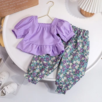 Kız Takım Elbise 2023 Yeni yaz giysileri Bebek Kız Tatlı Kısa Kollu Üstleri + Anti Sivrisinek Pantolon İnce Çocuk Giyim İki Parçalı Set