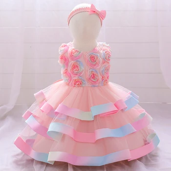 2023 Kafa Bandı İle Renkli Vaftiz 1st Doğum Günü Elbise Bebek Kız Töreni Çiçek Prenses Elbiseler Parti Elbise Çocuk Giysileri
