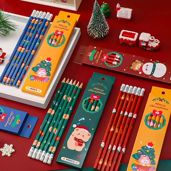 10 Paket Toptan Noel Ahşap silgili kalemler HB Kalem Yazma Sevimli Öğrenci Kawaii Okul Malzemeleri Promosyon Hediyeler