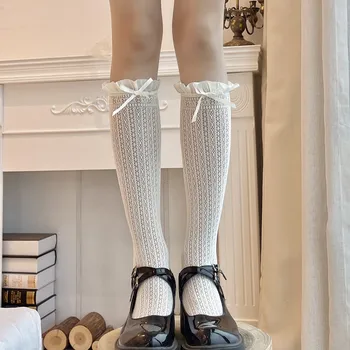 Retro Kadın Çorap Retro Japon Fırfır Uzun Çorap Lolita Tarzı Beyaz Dantel Diz Yüksek Çorap Tatlı Sevimli Yay Uyluk Yüksek Çorap