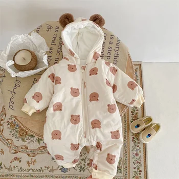 2023 Yeni Moda Kış Erkek Bebek ve Kız bebek Romper Baskı Ayı Sevimli Sıcak Kapşonlu Yüksek Kaliteli Giysiler 0-2years eski
