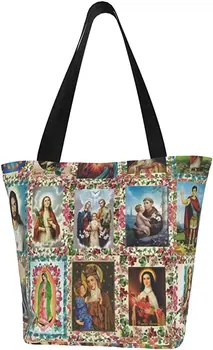 Katolik Azizler Görüntüleri Ekip Kullanımlık Tote Çanta Kadın Büyük gündelik çanta omuz alışveriş çantaları Bakkaliye Seyahat Açık Havada