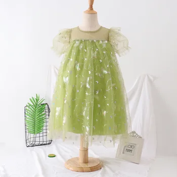 Kızlar Prenses Yıldız Sequins Mesh Elbise Çocuklar için Balo Düğün Doğum Günü Partisi Vestidos Yaz Rahat Çocuk Puf Kollu Elbise