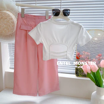 Yaz Bebek Kız T-shirt Elbise Setleri Kore Tarzı Backless Çocuk Kız T-Shirt + Gevşek Pantolon 2 Adet Toddlers Çocuk Kıyafet Takım Elbise