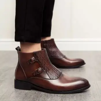 Yeni Moda Erkek Botları Yüksek Kaliteli PU deri ayakkabı İş Elbisesi Botları Çift Toka Keşiş Botları Klasik İngiliz Tarzı