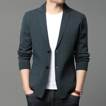 2023 Yeni Stil Marka Rahat Moda Slim Fit Şerit Klasik Takım Elbise Erkek Örme Hırka Ceket Kore Blazer Mont Erkek Giyim