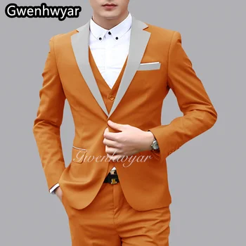 Gwenhwyar Yeni Turuncu erkek Takım Elbise 3 Parça Moda erkek Butik Parlak Gri Saten yaka Düğün Groomsmen Takım Elbise