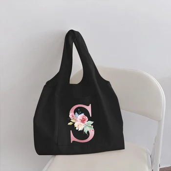 Kadın Çantası kanvas Çanta Büyük Kapasiteli Seyahat Çantası Baskı 26 Pembe Harfler Çiçek Baskı Taşınabilir Tek omuz alışveriş çantası