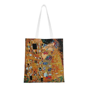 Komik Baskı Gustav Klimt Tote Alışveriş Çantaları Geri Dönüşüm Tuval Omuz Alışveriş Öpücük Çanta