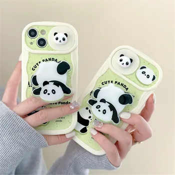 3D Karikatür Panda İtme Pencere Slayt Kamera Koruyucu Telefon Kılıfları iPhone 14 Pro 11 12 13Pro Max Dalga Standı Tutun Silikon Kapak