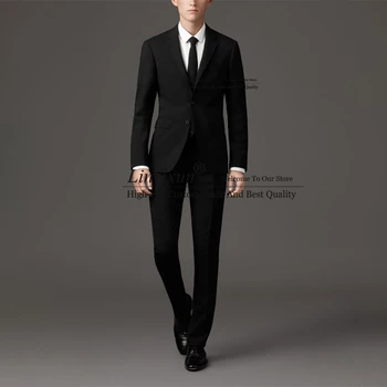 Yakışıklı Siyah Erkek Takım Elbise Resmi Iş Blazer Düğün Damat Smokin Slim Fit Günlük 2 Parça Set Ceket Pantolon Terno Masculino