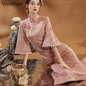 Çin Tarzı Zarif Cheongsam Elbise Kadınlar Vintage Geleneksel Pembe Çiçek Baskı Qipao Elbise Bayanlar Tatlı Ince Bölünmüş Elbiseler