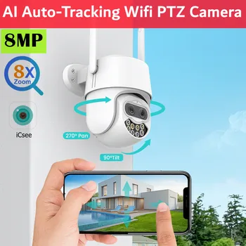 Tahlitech 4K 8MP Çift Lens WiFi PTZ IP Kamera 8X Dijital Zoom AI İnsan Algılama Onvıf Kablosuz Gözetim Güvenlik Koruma