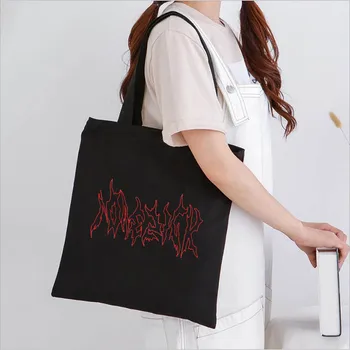 Gotik yeni punk baskı alışveriş çantası büyük kapasiteli tuval kadın Harajuku hip-hop çift yaz omuz çantaları Ulzzang çanta