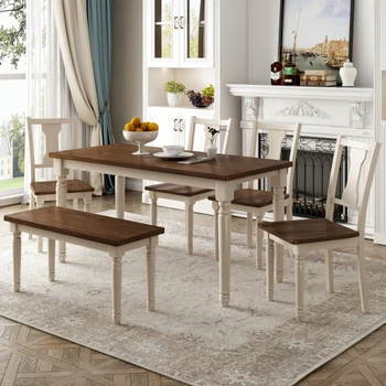 Klasik 6 Parçalı Yemek Takımı Ahşap Masa ve Mutfak Yemek Odası için Bankı olan 4 Sandalye (Kahverengi + Yazlık Beyaz)