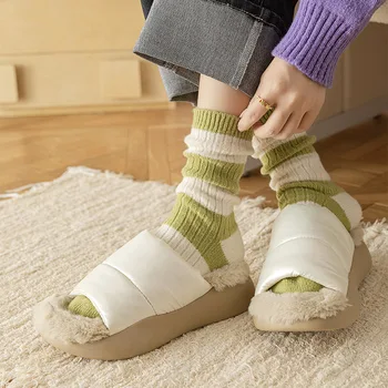 Kalınlaşmak İsıtıcı Kadın Çorap Japon Moda Çizgili Okul Kızlar Uzun Çorap Kış Rahat Harajuku Streetwear Termal Yün Çorap