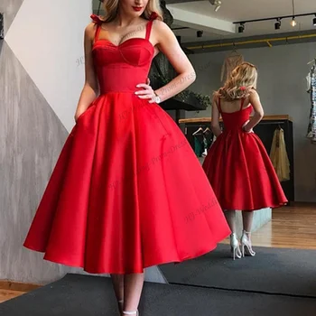 Moda A-Line Sevgiliye Spagetti Kayışı Kolsuz Cep Kokteyl Parti Elbise Akşam Balo Düğün Konuk