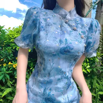 2023 Yaz Zarif Mavi Çiçek Baskılı Puf Kollu Cheongsam Elbiseler Kızlar için Fransız Yumuşak Geliştirilmiş Vestidos Modern Qipao