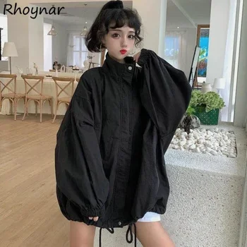 Standı Yaka Ceketler Kadın Baggy Tiki Unisex Giyim Kpop Moda Zip-up Vintage Saf Minimalist Куртки Streetwear Serin Öfke