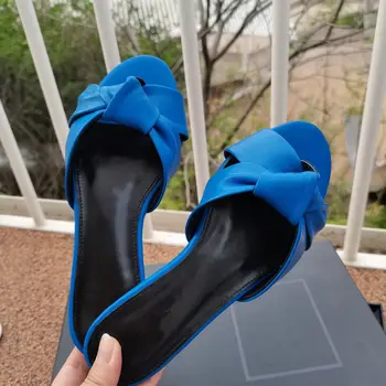 Katır Kadın Tasarımcı Slaytlar Yaz parti ayakkabıları Bayanlar Zapatos Mujer Mavi Nappa Hakiki Deri Örgü Kare Topuk Sandalet