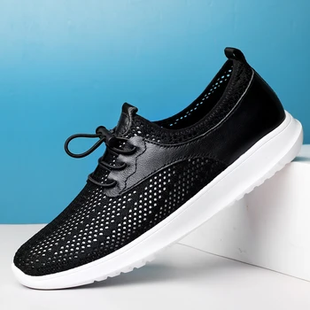 2022 Moda Hakiki Deri + Örgü rahat ayakkabılar Erkekler için Klasik Siyah Nefes Spor Ayakkabı Hafif kaymaz Loafer'lar Yeni Erkek Ayakkabı