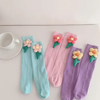 2023 bahar yeni kızların buzağı çorap Kore versiyonu süsler lale çiçeği çocuk çorap düz plaka kazık çorap