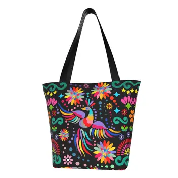 Özel Meksika Çiçek Çiçek Tekstil Kanvas alışveriş Çantaları Kadınlar Kullanımlık Bakkaliye Renkli Nakış alışveriş çantası Çanta