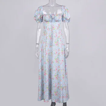 2023 Çiçek Baskı yaz elbisesi Kadınlar Boho Yarık Maxi uzun elbise Vintage Plaj Elbise Puf Kollu A-line Mavi Sundress