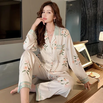 Pijama kadın İpek Uzun kollu Pijama Pijama Takım Elbise Çiçek Baskılı Yüksek dereceli Buz İpek Ev Dışında Giyilebilir Pijama Giymek