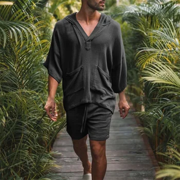 2 adet / takım Erkekler Yaz Pamuk Keten Gömlek Seti Gevşek Casual Tops Şort Takım Elbise Kısa Slve Pijama Rahat Nefes plaj şortu