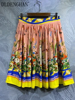DLDENGHAN İlkbahar Yaz Kadın %100 % Pamuk Mini Etekler Yüksek Bel Çiçek Baskı Vintage A-Line Etekler Moda Pist Yeni
