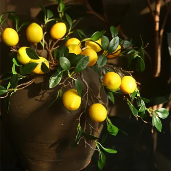 Yüksek kaliteli Limon meyve şube yeşil yaprakları ile yapay çiçekler ev masa süsü flores artificiales Fotoğraf Sahne