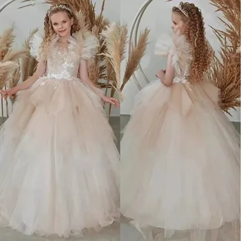 Şampanya Kısa Kollu Çiçek Kız Elbise Prenses Zarif Aplikler İlk Communion Elbise Kız doğum günü partisi elbiseleri