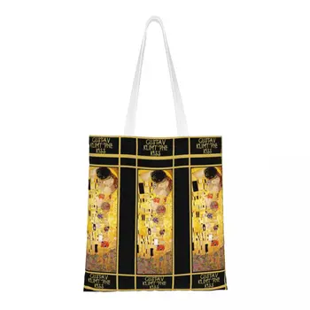 Gustav Klimt Öpücük Bakkal Alışveriş Çantaları Baskılı Tuval alışveriş çantası omuzdan askili çanta Büyük Kapasiteli Dayanıklı Boyama Sanat Çanta
